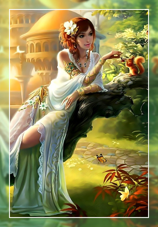 Лесная нимфа. - пейзаж., девушка, фентези, белка - оригинал