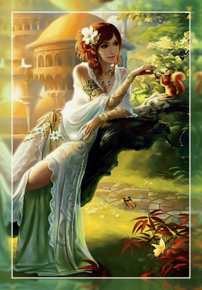 Лесная нимфа. - пейзаж., белка, фентези, девушка - предпросмотр