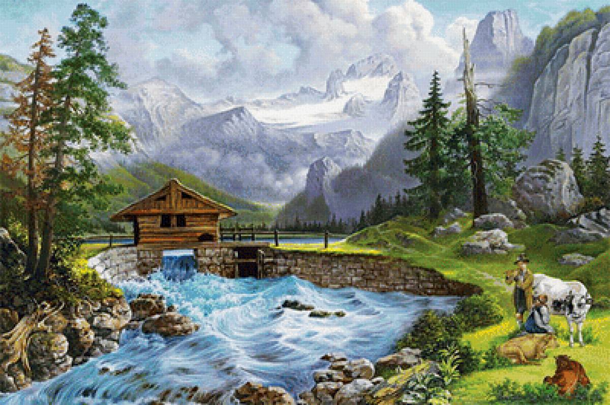 Горный пейзаж - горы, река, природа - предпросмотр