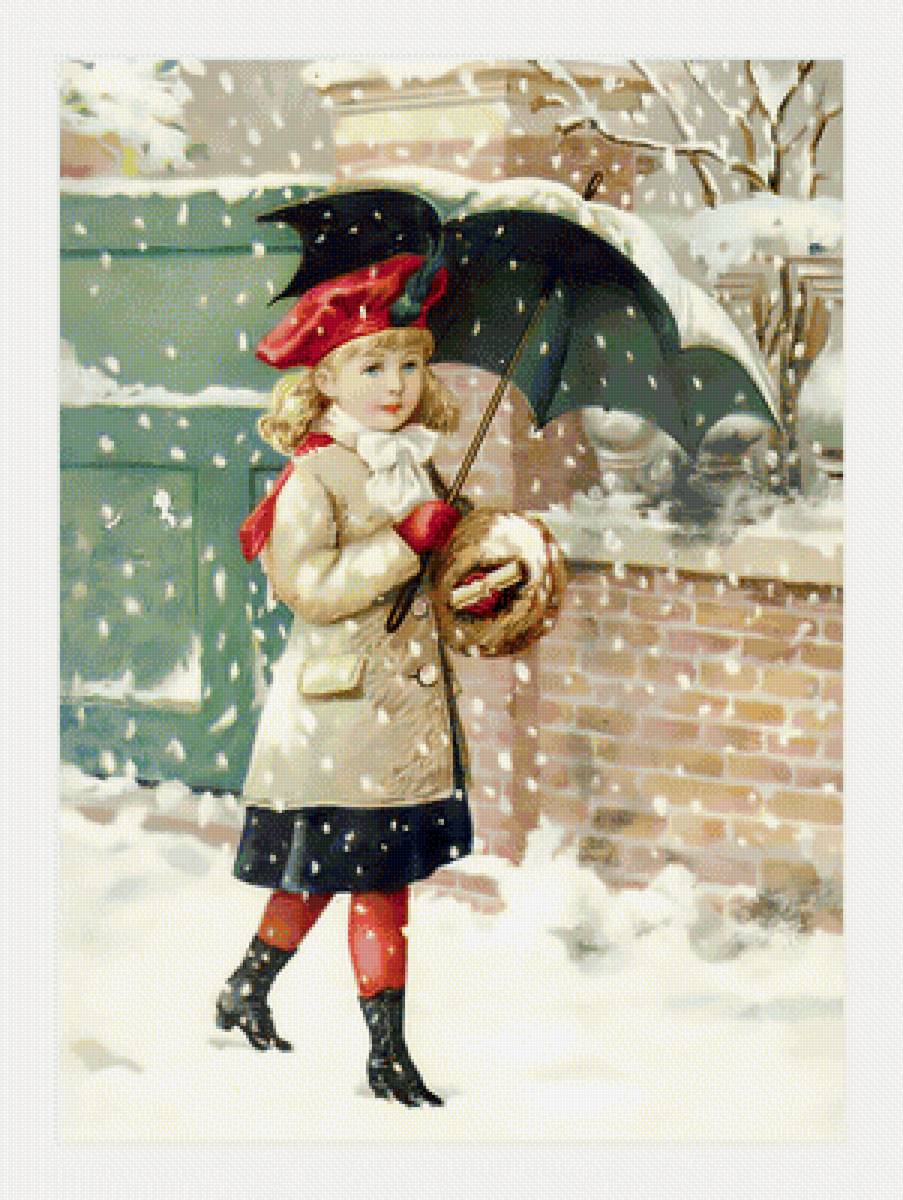 Девочка под зонтом. - девочка, снегопад, зима, зонт, ретро., снег - предпросмотр