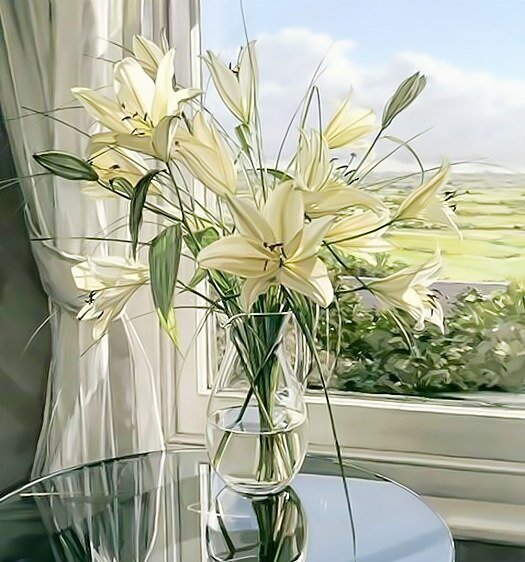Белые лилии на окне. - цветы, лилии, букет, окно. - оригинал