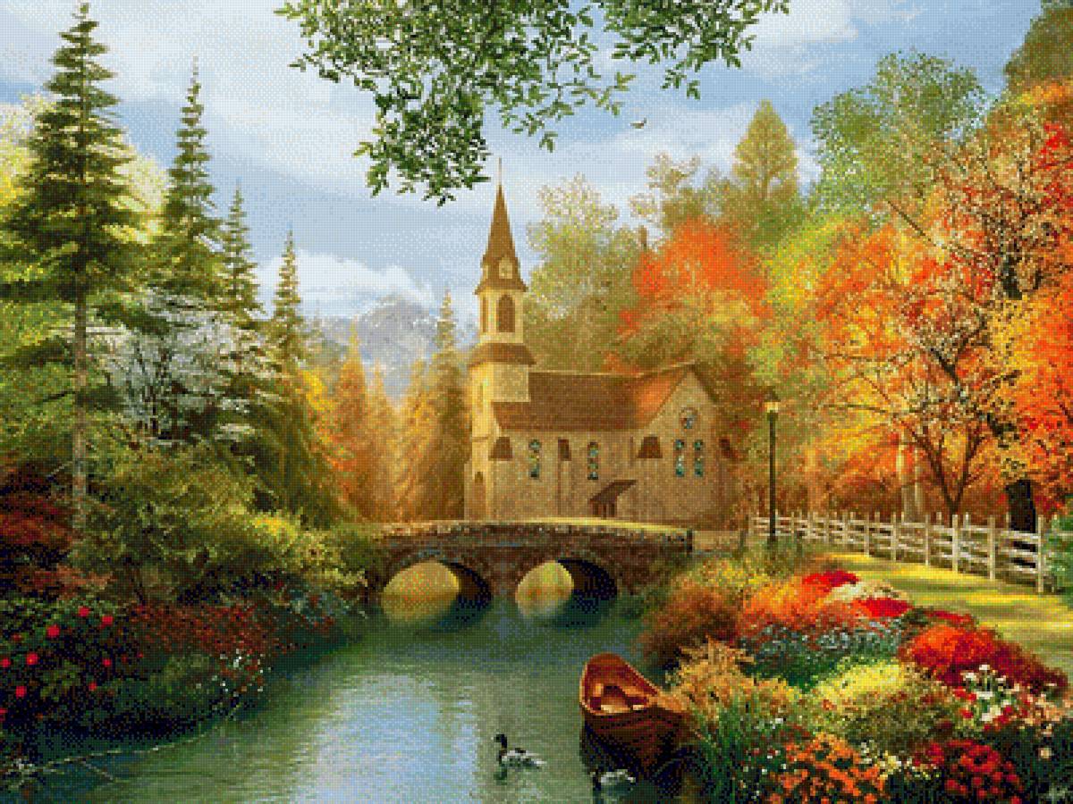 осенний пейзаж - часовня, река.утки, мост - предпросмотр