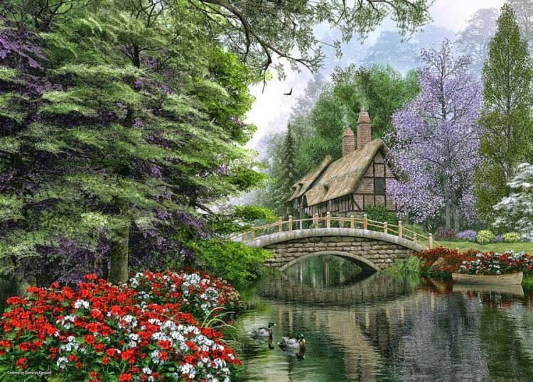 тихий уголок - мост, утки, дом, река - оригинал