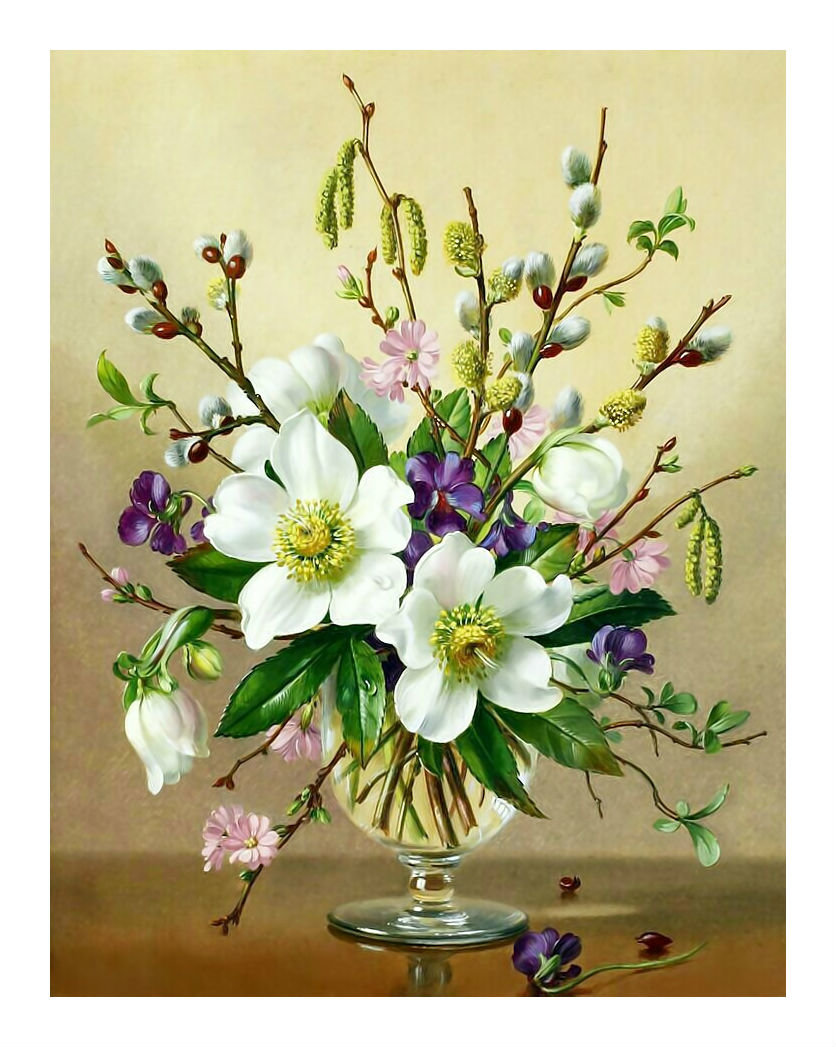 Весенний букетик. - магнолия, верба, ваза., весна, береза, цветы - оригинал