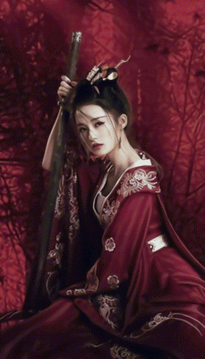 Японские мотивы. - восток., девушка, катана, кимоно - предпросмотр