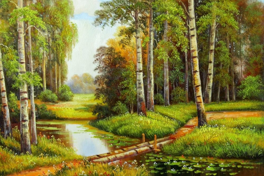пейзаж - лес, лилии, река, березки - оригинал