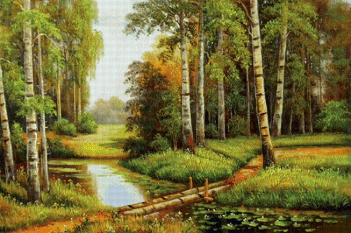 пейзаж - лилии, река, березки, лес - предпросмотр