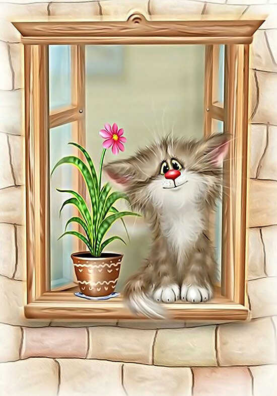 Мультяшный котик. - окно, цветок, детская., кот - оригинал