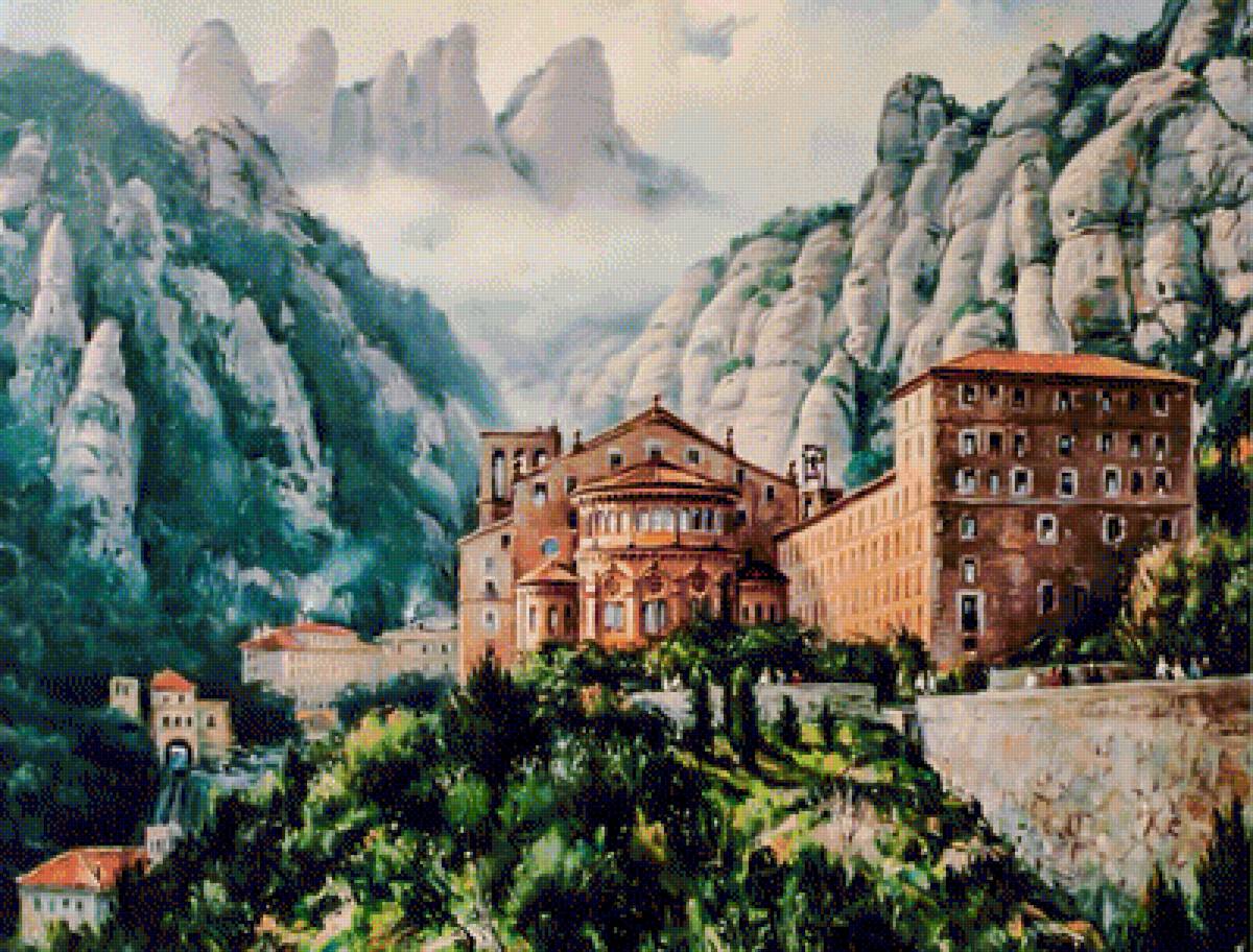 View of Montserrat Mountain with the Monastery.Catalonia. - landscapes.people. - предпросмотр