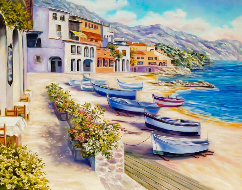 Sea and Boats. Tossa de Mar. (Catalonia). - anna deva painter.seascapes. - оригинал