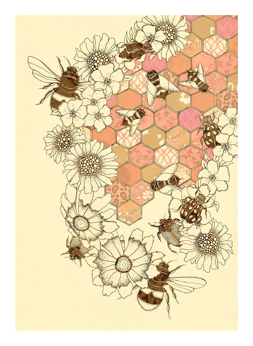 Пчёлки и жучки. - соты., пчелы, цветы, жуки, насекомые - оригинал