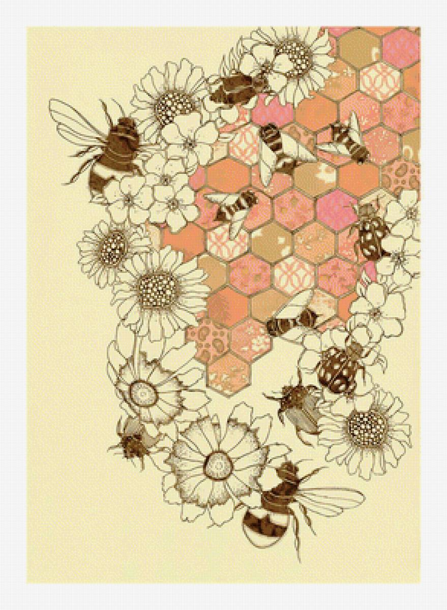 Пчёлки и жучки. - цветы, жуки, насекомые, пчелы, соты. - предпросмотр