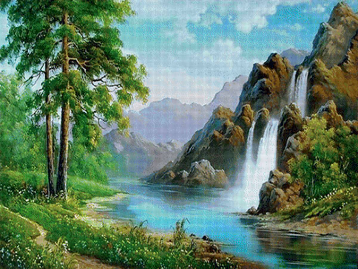 пейзаж - река, водопад, пейзаж, горы, сосны - предпросмотр