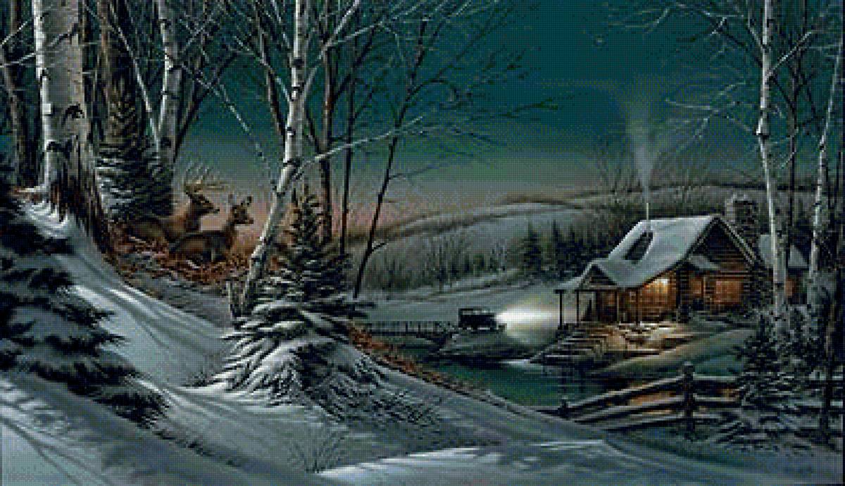 зимняя ночь - дом, зима, пейзаж, ночь, олени, река, домик, снег - предпросмотр