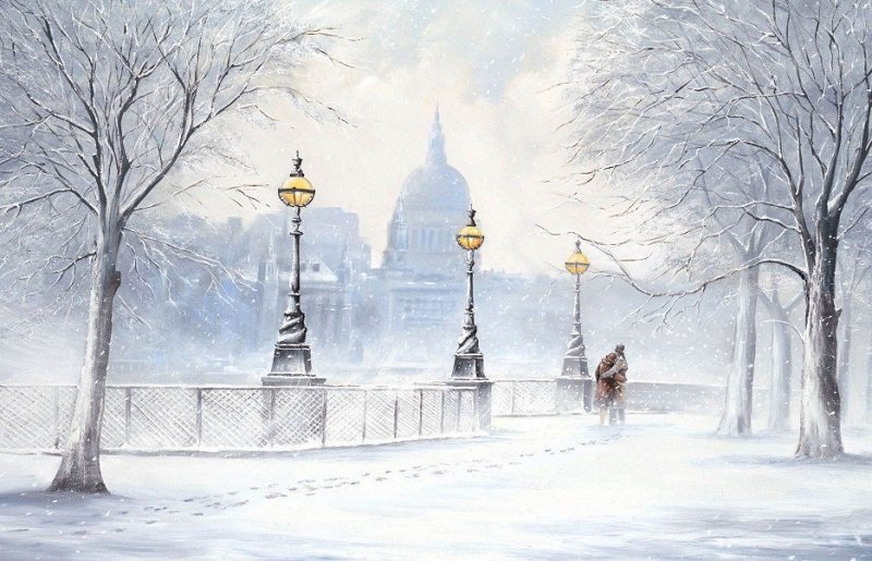 Зима в Париже - здания, город, канал, зима, влюбленные - оригинал