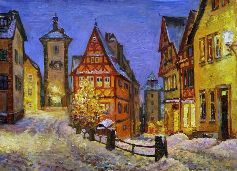 Рождественская ночь - улочка, здания, ночь, город, зима - оригинал