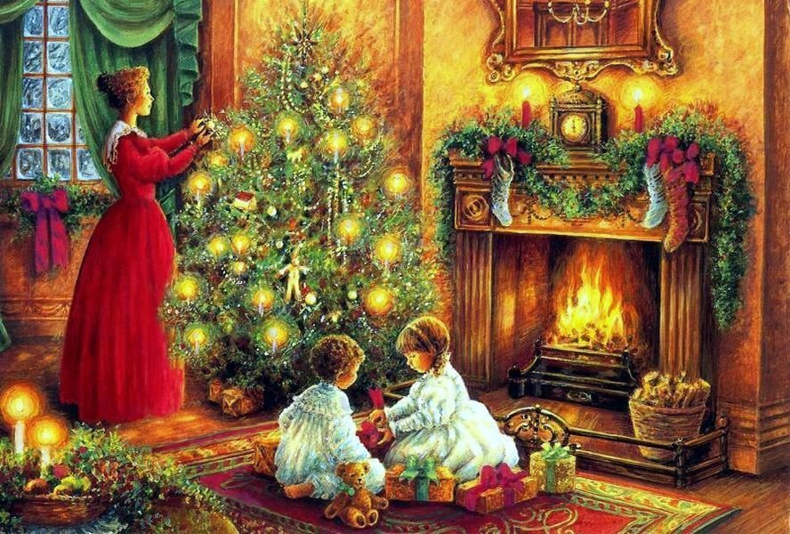 Рождественский вечер - камин, елка, праздник, дети, рождество - оригинал
