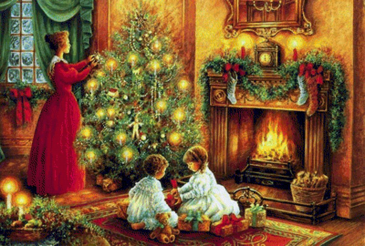 Рождественский вечер - праздник, рождество, елка, камин, дети - предпросмотр