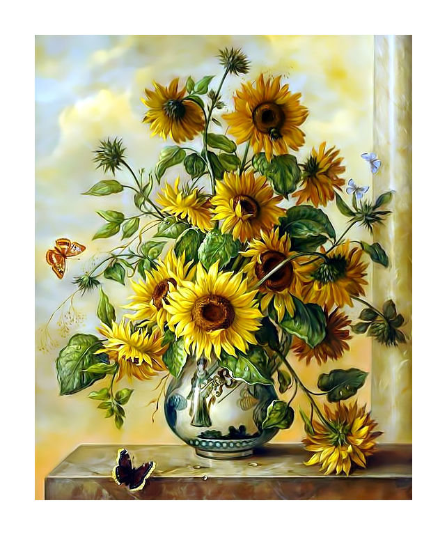 Солнечный букет и бабочка. - ваза, бабочка, живопись, букет, картина., цветы - оригинал