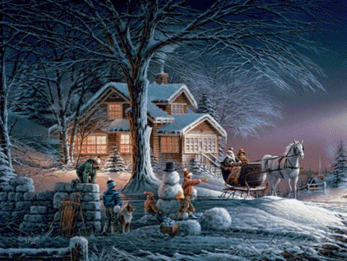зимний вечер - дом, дети, вечер, деревья, зима, лошадь - предпросмотр