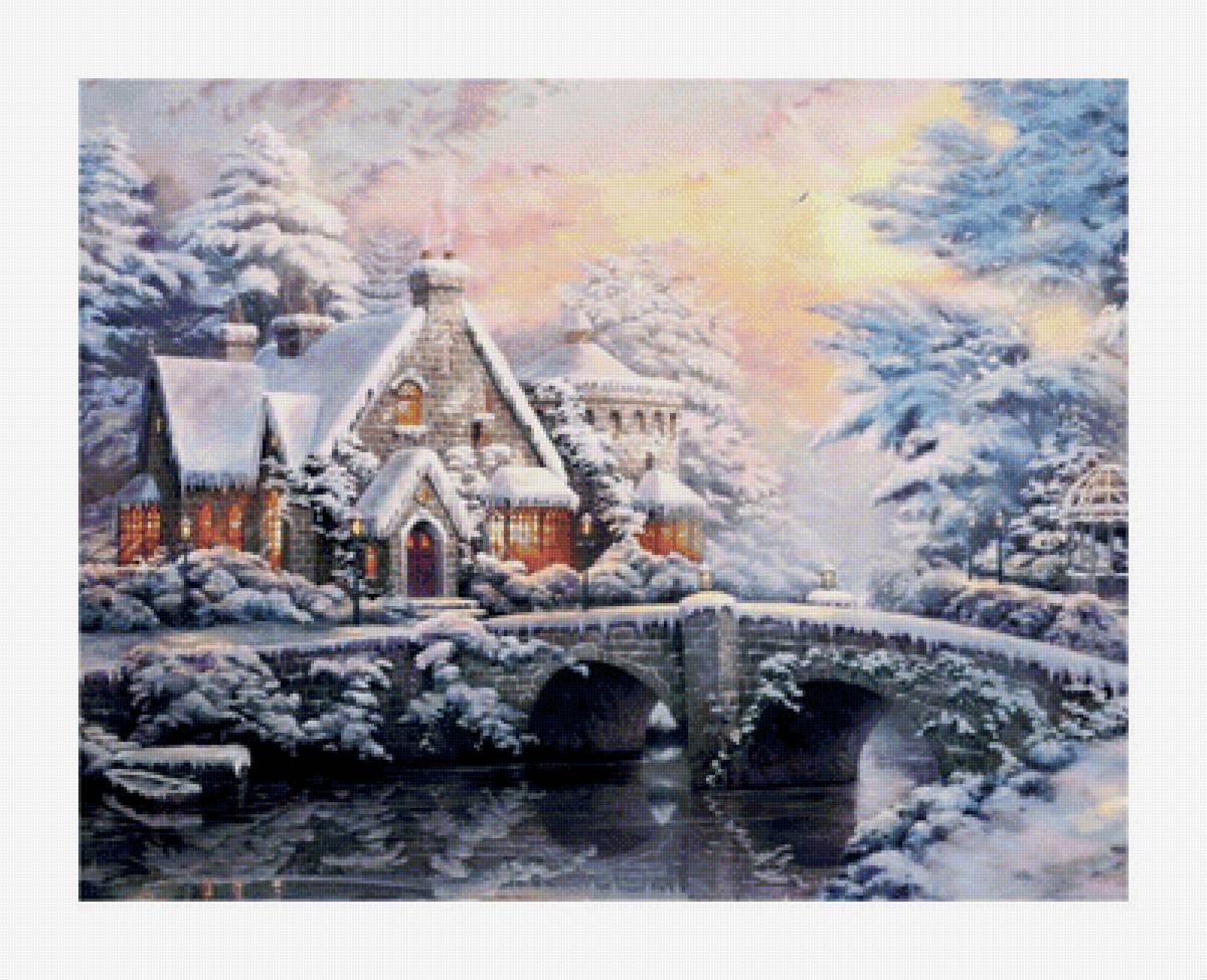 Зимний пейзаж. - домик, пейзаж., снег, река, мост, зима, закат - предпросмотр