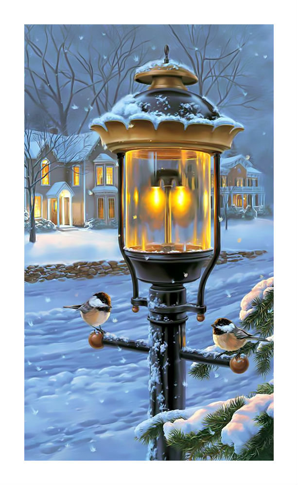 Зимний пейзаж. - пейзаж., фонарь, зима, синицы, птицы, снег, домик - оригинал