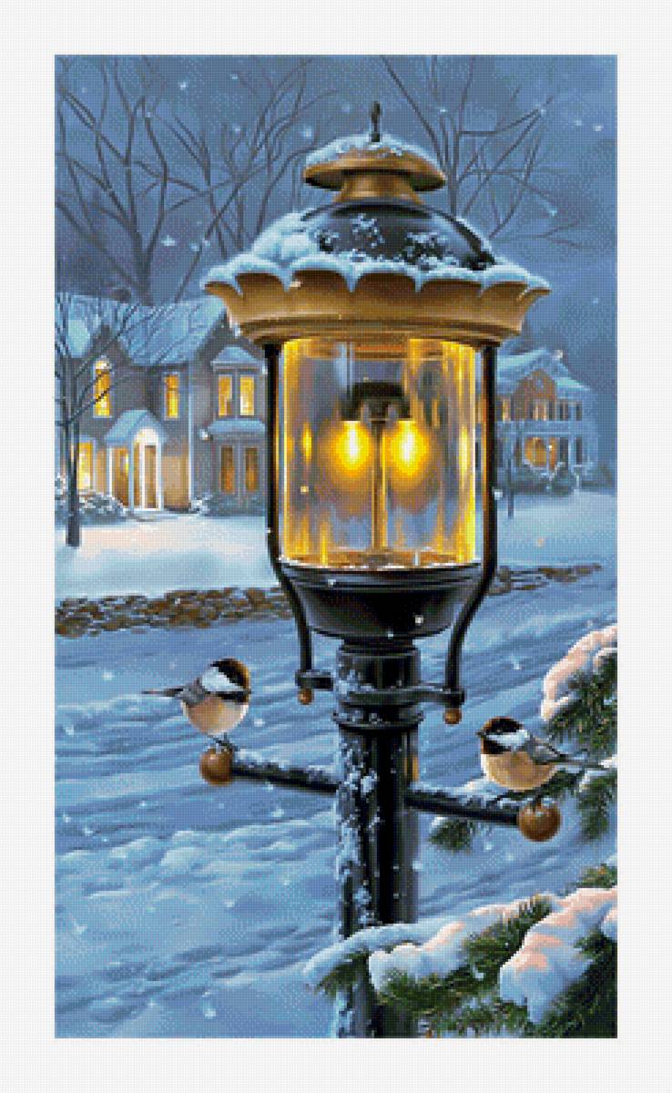 Зимний пейзаж. - домик, фонарь, синицы, снег, пейзаж., птицы, зима - предпросмотр