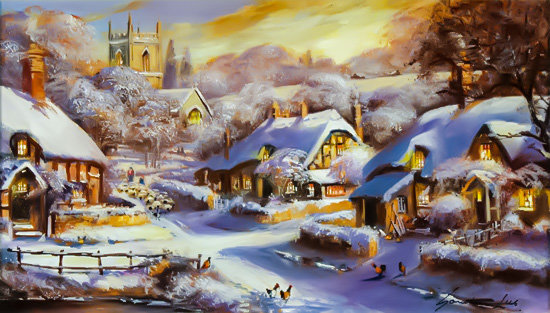 Village Lights, The Cotswolds. - gordon lees paintings. snowscenes.people.birds. - оригинал