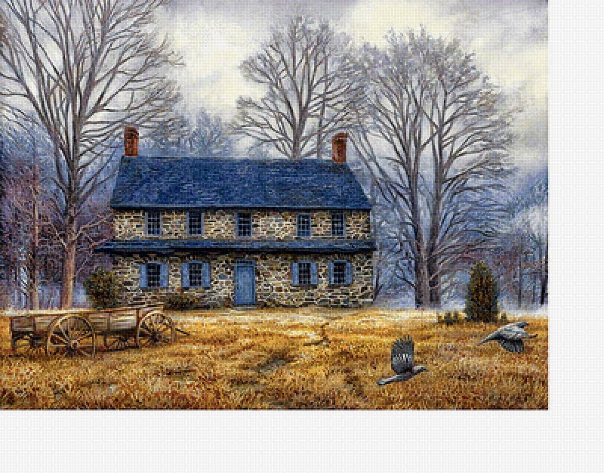 Утро - лес, пейзаж, туман, домик - предпросмотр