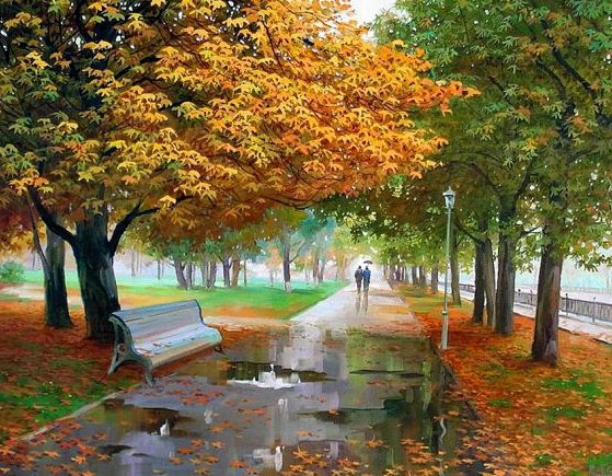 осенний парк - осень, дорожка, парк, лавочка, пейзаж - оригинал