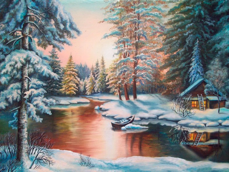 зима - деревья, зима, река, дом, пейзаж - оригинал