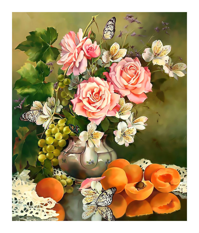 Натюрморт с бабочками. - бабочки., фрукты, цветы, абрикосы, натюрморт, виноград, букет - оригинал