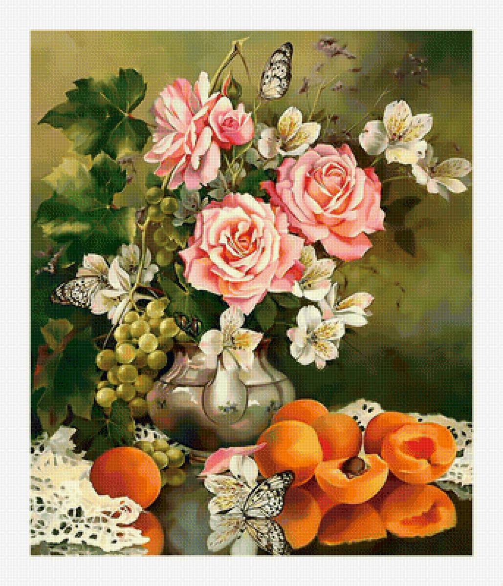 Натюрморт с бабочками. - цветы, виноград, букет, фрукты, абрикосы, натюрморт, бабочки. - предпросмотр