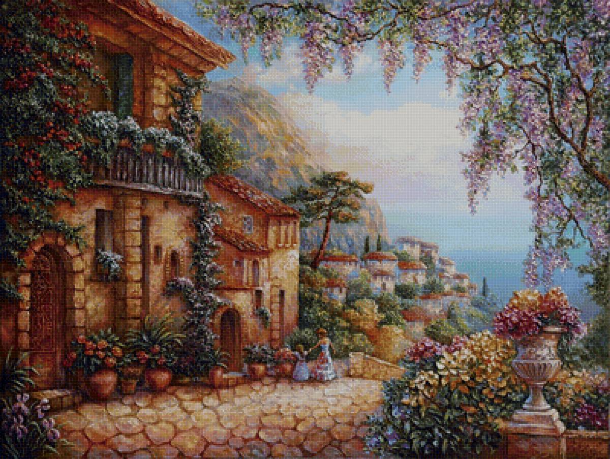 старый город - картина, улочка, цветы, старый город, домики - предпросмотр