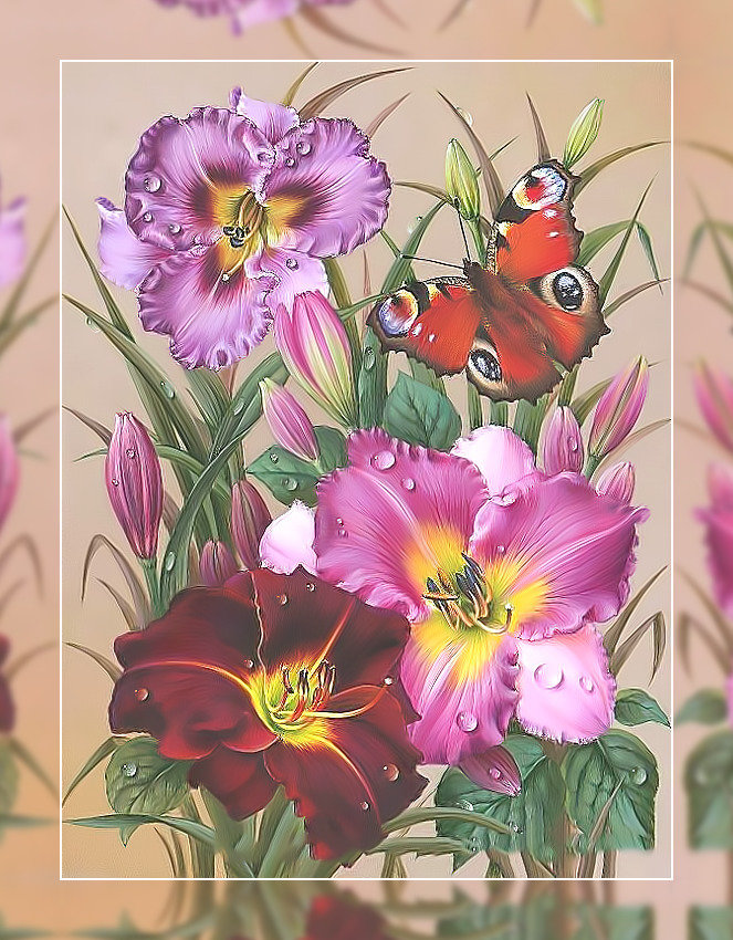 Лилии и бабочка. - букет, живопись., цветы, лилии, бабочка - оригинал