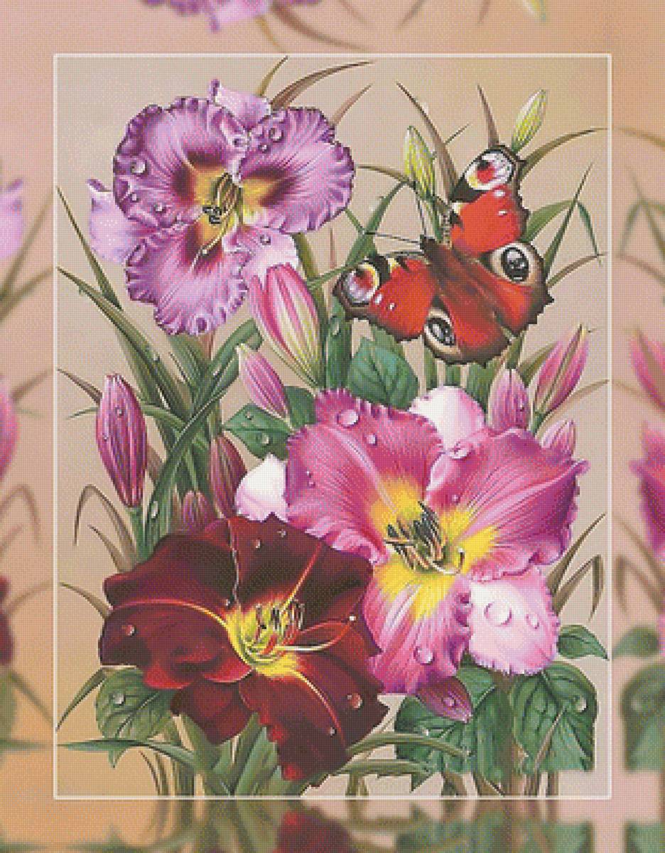 Лилии и бабочка. - живопись., букет, лилии, бабочка, цветы - предпросмотр