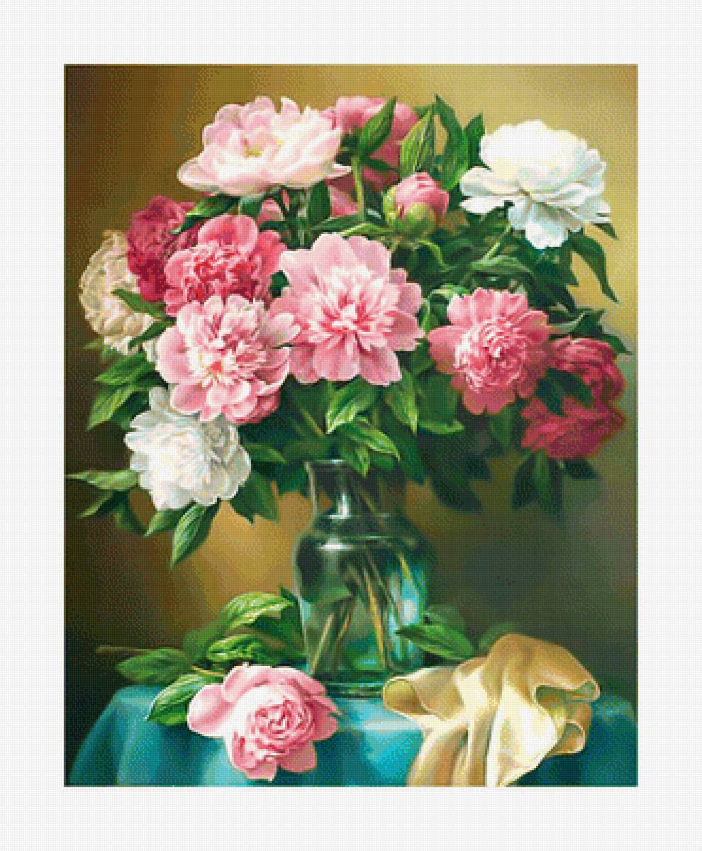 Букет пионов. - пионы, живопись., цветы, букет - предпросмотр