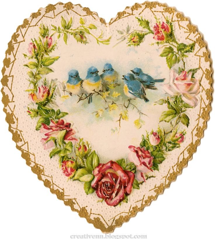 сердце с птицами - дети винтаж старая открытка - оригинал