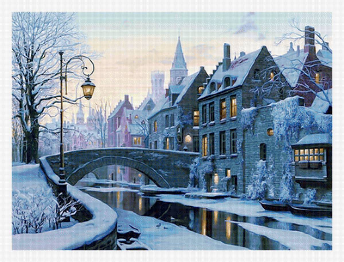 Серия "Городской пейзаж". Зима - дома, зима, мост, городской пейзаж - предпросмотр