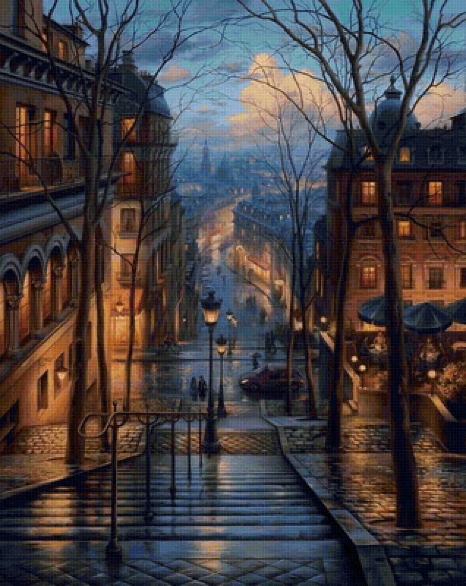 пейзаж - город.дома.дождь.вечер. - предпросмотр