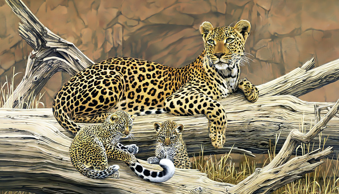 Леопард с котятами. - животные, природа., хищники, леопарды - оригинал