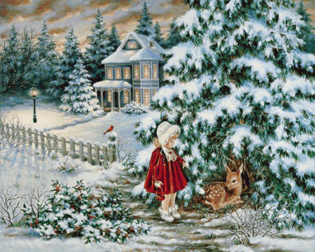 зимний вечер - дети, зима, домик, вечер, олененок, елки, девочка - предпросмотр