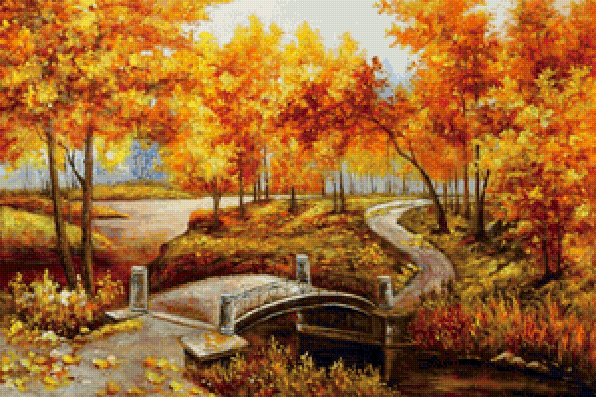осенний парк - осень, картина, парк, мостик - предпросмотр