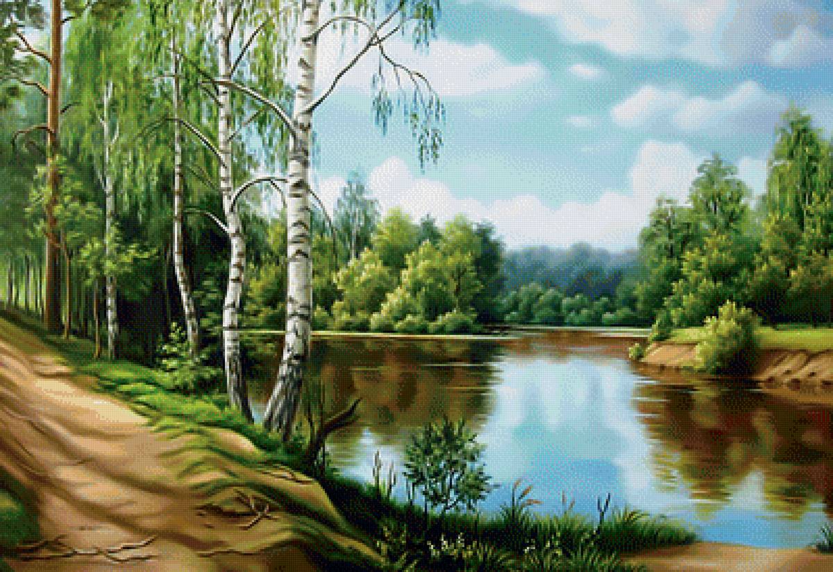 Пейзаж у реки. - живопись., озеро, пейзаж, лес, березы - предпросмотр