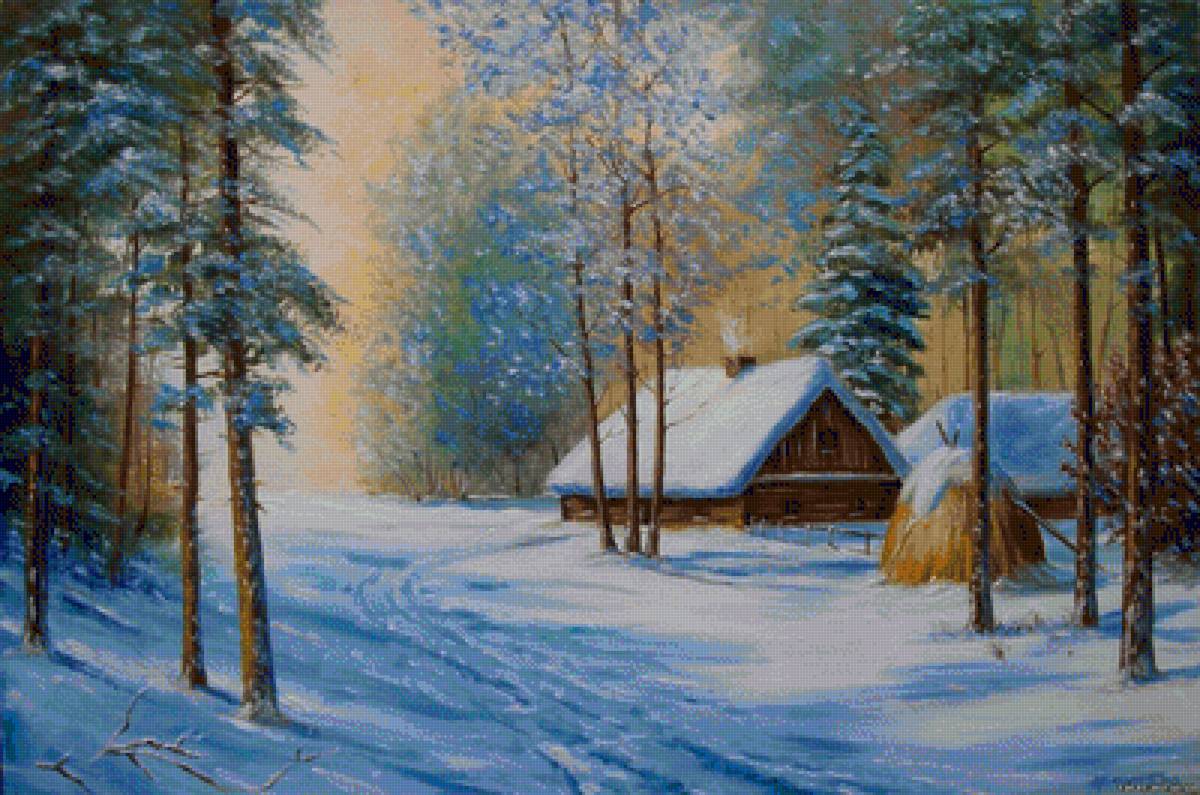 зима - вечер, лес, дом, пейзаж, зима, картина - предпросмотр