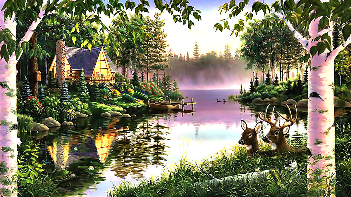 Пейзаж. Домик у озера. - пейзаж, природа., лес, причал, домик, олени, озеро, туман, утки - оригинал