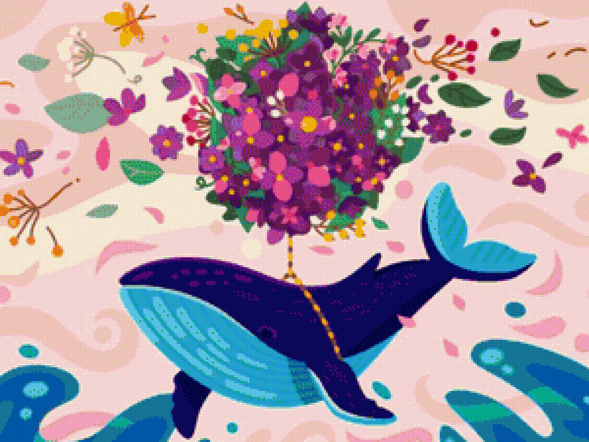 Букет - цветы, синий, море, фэнтези, букет, кит, подарок - предпросмотр