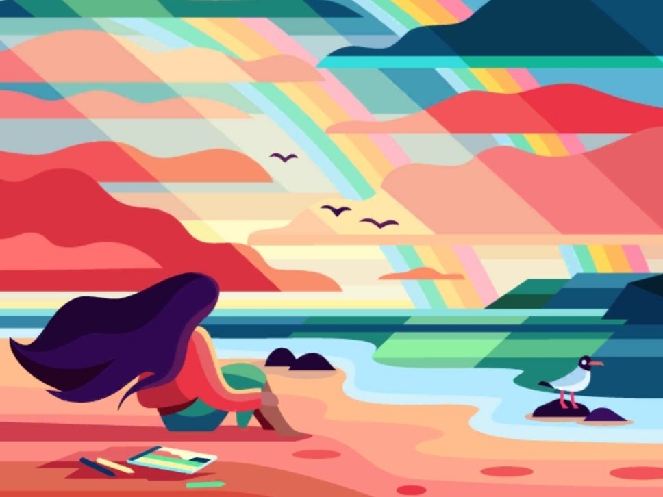 Закат - закат, море, вечер, рисунок, краски, девушка - оригинал