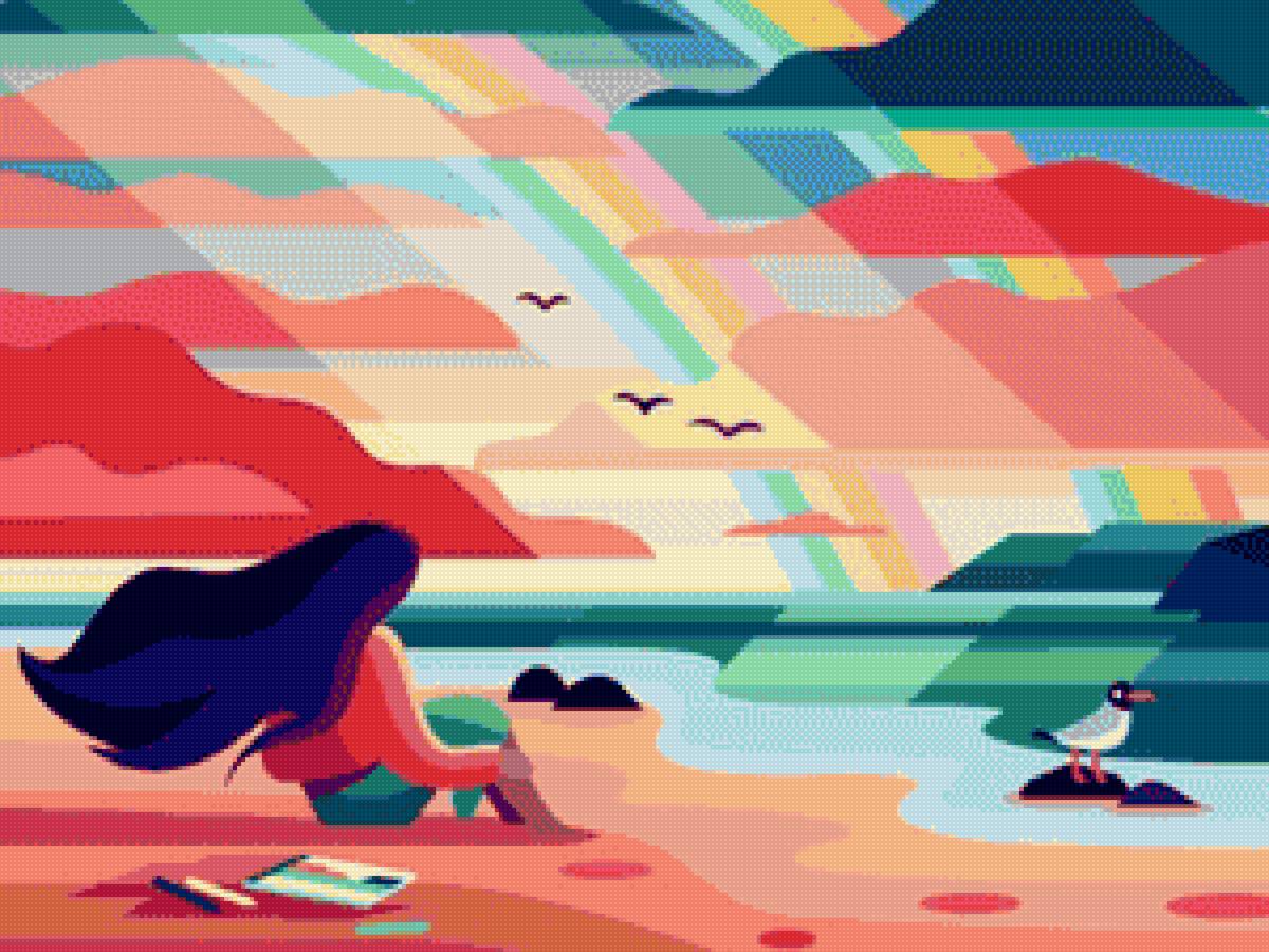 Закат - рисунок, море, девушка, закат, краски, вечер - предпросмотр