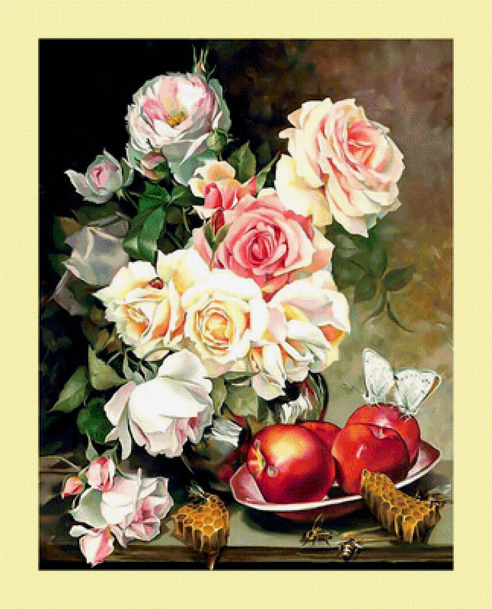 Цветочно-медовый натюрморт. - цветы, яблоки, пчелы, букет, бабочки, соты, живопись., мед - предпросмотр